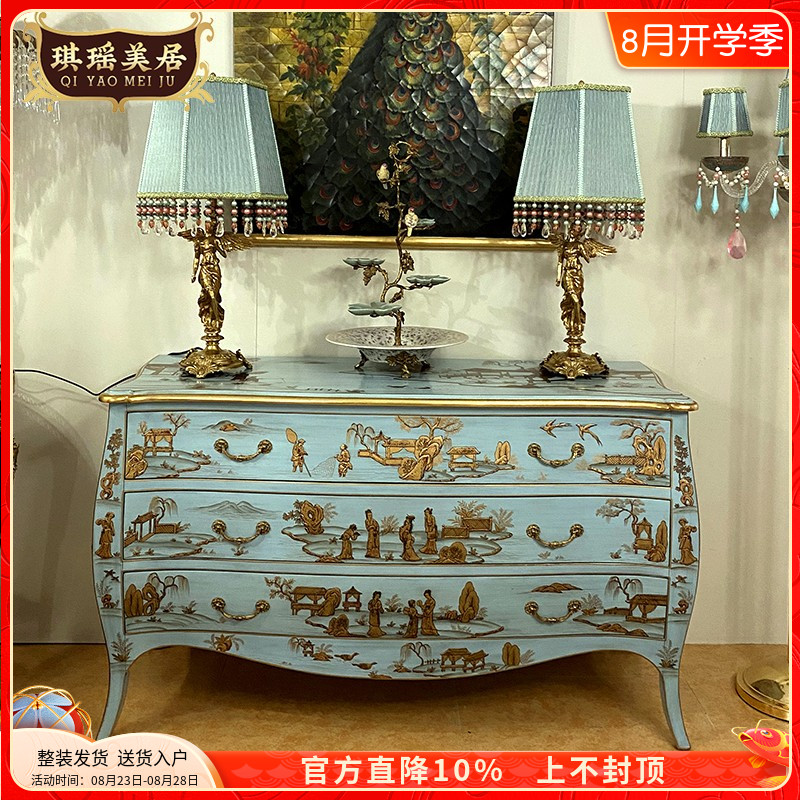 欧式艺术手绘实木装饰柜法式金箔复古门厅玄关柜美式卧室电视柜
