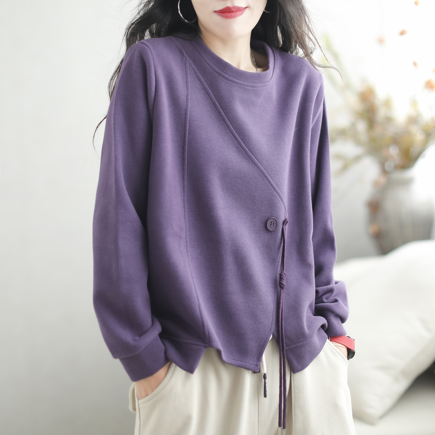 纯棉卫衣春秋款女2025年潮流时尚圆领拼接宽松显瘦通勤慵懒风上衣