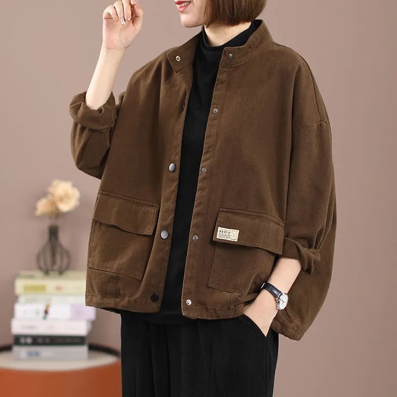 工装牛仔外套薄款女款休闲夹克春秋宽松大码洋气立领休闲外套女