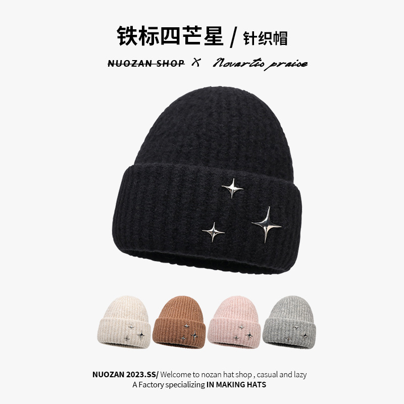 韩版星星针织帽子女冬季大头围网红百搭毛线帽显脸小保暖护耳冷帽