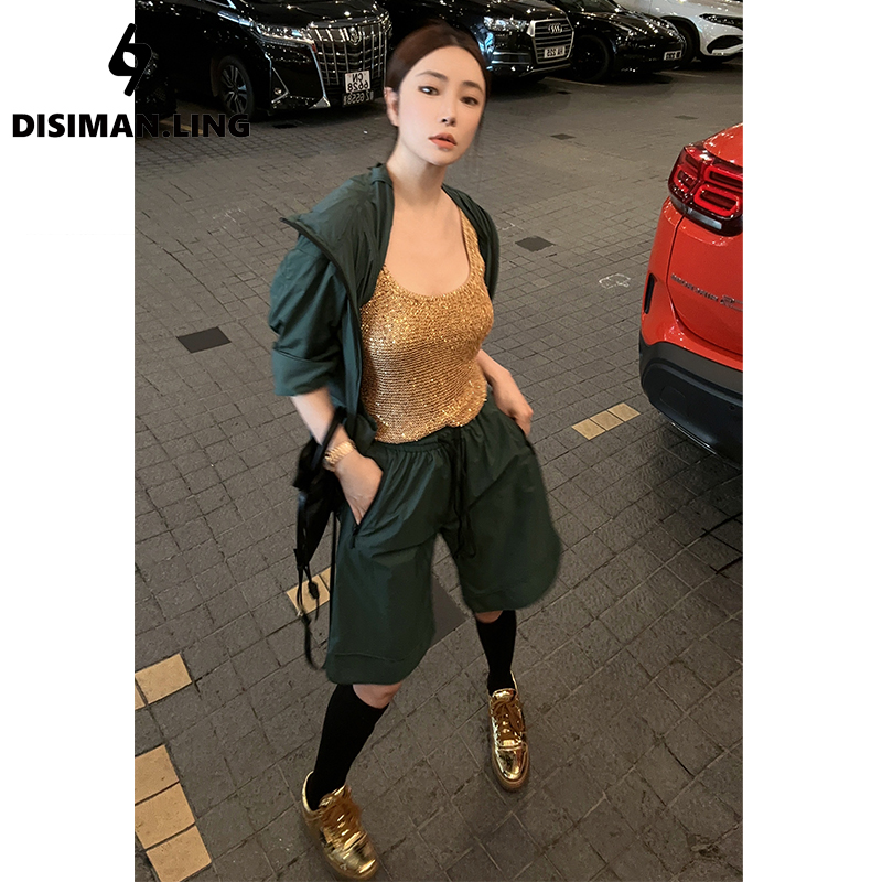 迪丝嫚苓绿色短裤潮流松紧腰纯色女休闲日常透气时尚早秋秋季新款