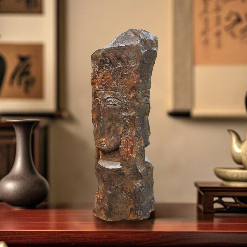 水磨坊新中式仿石三面无相佛柱家居装饰品茶空间办公室玄关摆件