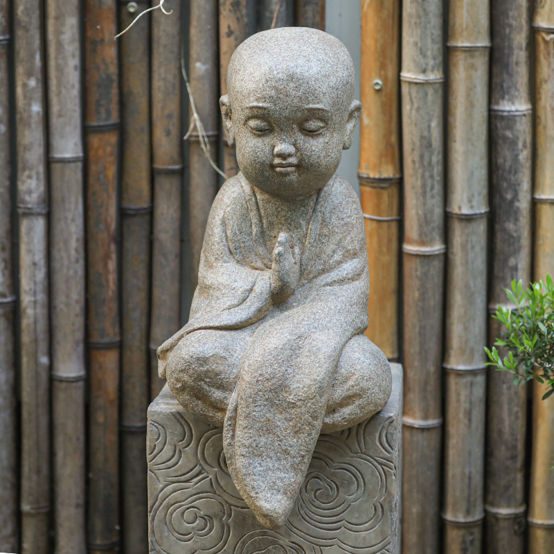 水磨坊庭院花园布置禅意沙弥小和尚景观露台造景入户玄关装饰摆件