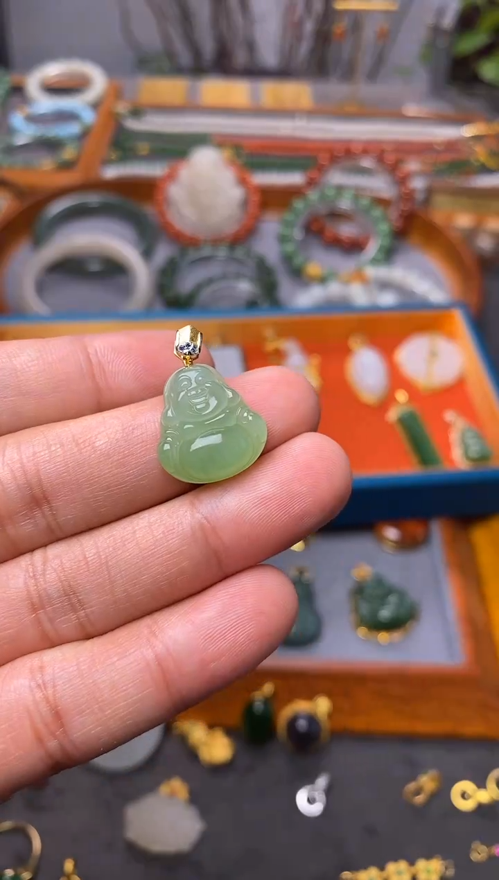 【闪购商品】和田玉吊坠(不含链)18K金镶嵌翠青佛公