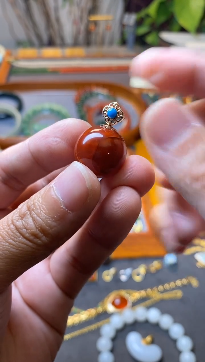 【闪购商品】南红玛瑙吊坠(不含链)18K金镶嵌火焰南红单珠