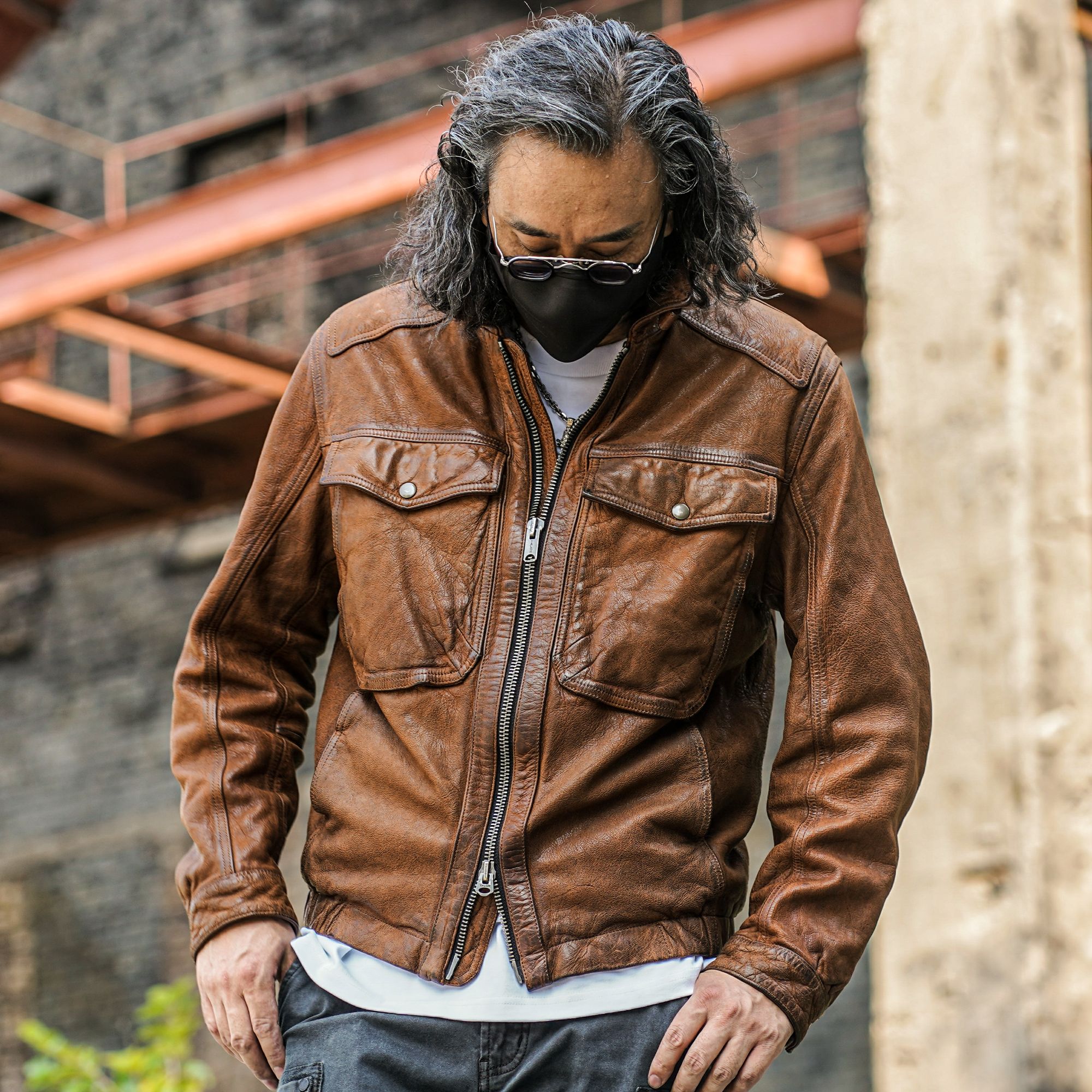 狂欢与静止【工程师】C73068-山羊皮男士复古做旧春秋机车皮衣夹克