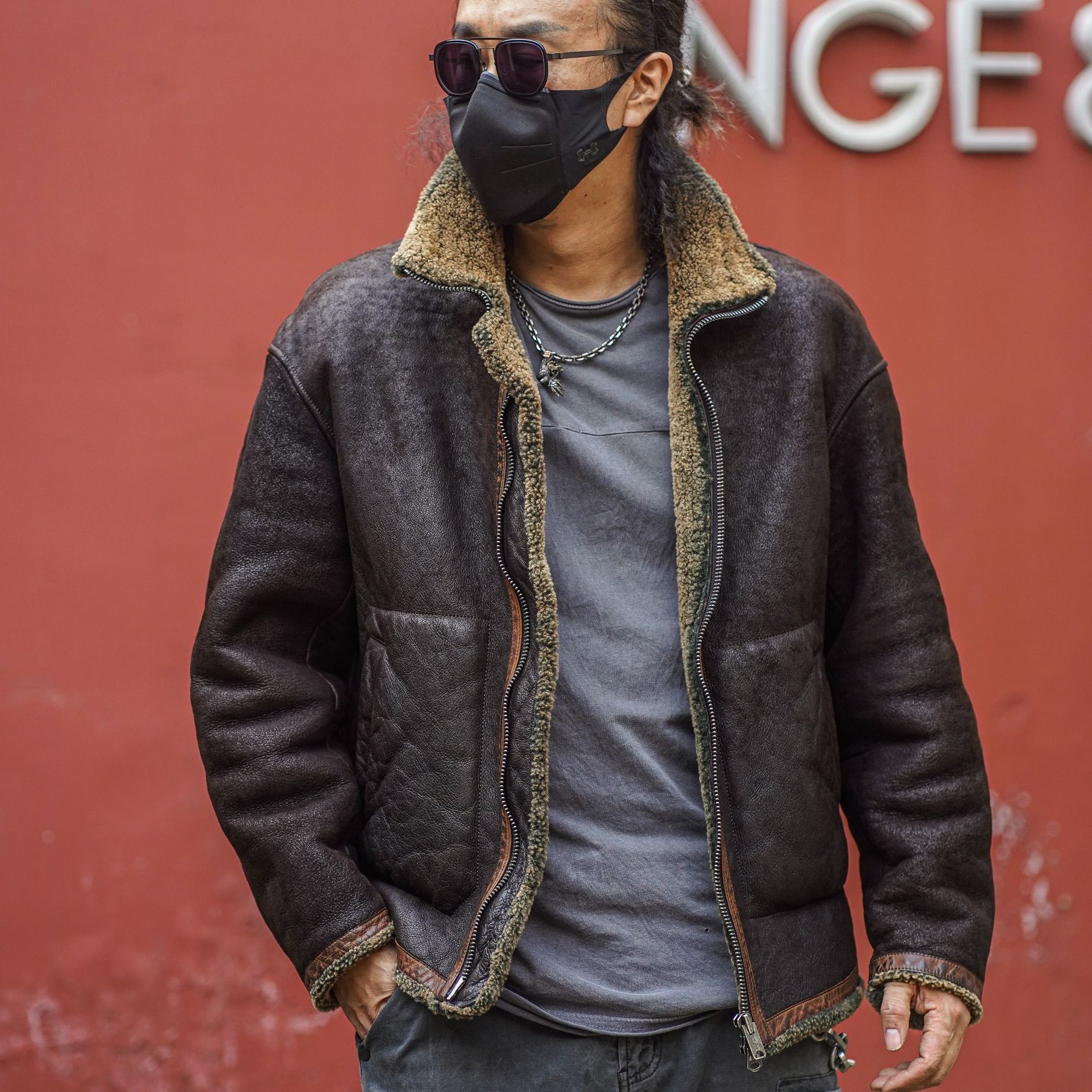 T73151-醇植酱染系列原生态男款皮毛一体外套夹克休闲真皮保暖