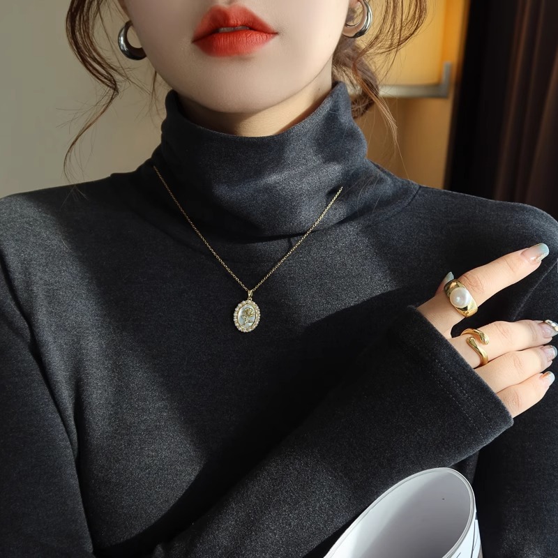 高领打底衫女秋冬加绒加厚2025新款高级感堆堆领内搭德绒黑色上衣