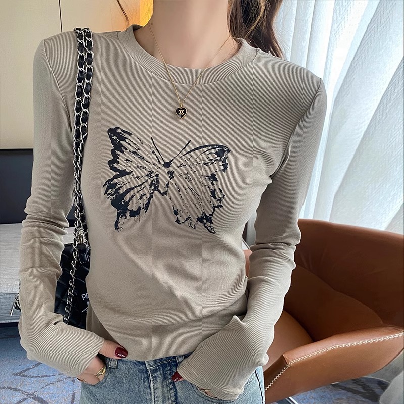 长袖t恤女2025新款修身圆领打底衫春秋内搭设计感纯棉早秋季上衣