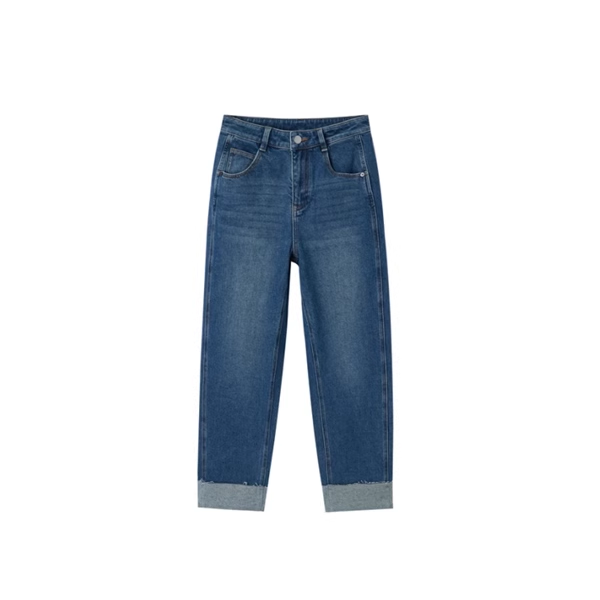 剪标秋季复古休闲裤高腰蓝色卷边牛仔直筒裤女