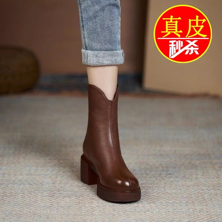 爆款清仓真皮高跟时装靴女2023新秋冬粗跟皮靴百搭短靴厚底中筒靴