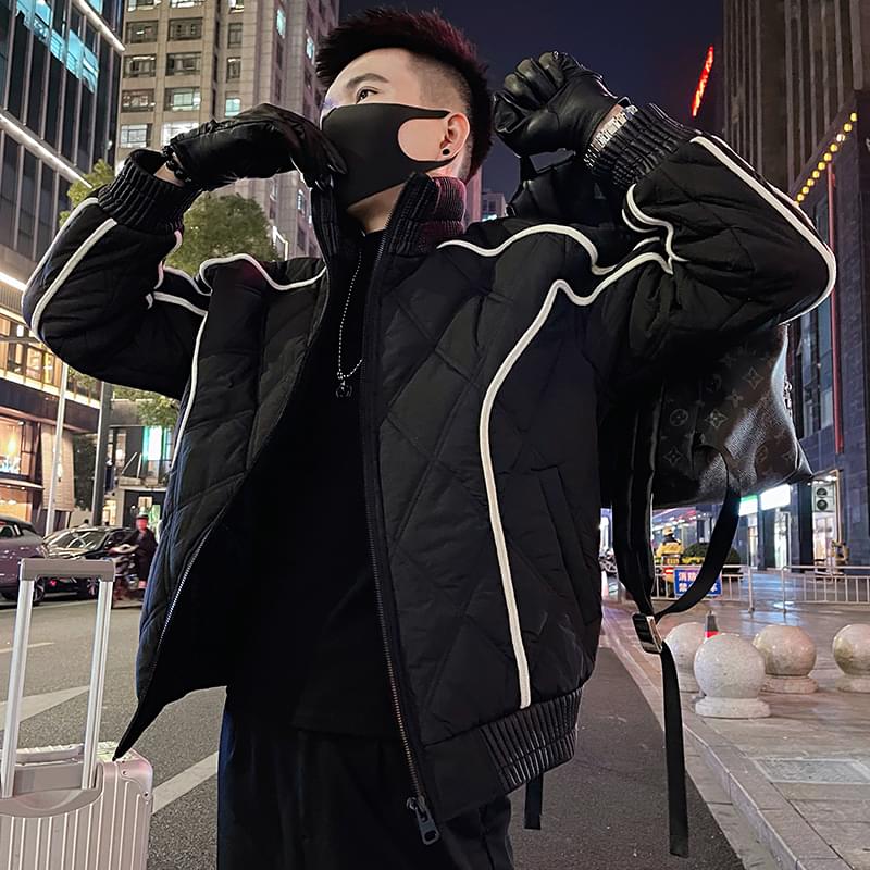 高级感撞色棉服男菱形格棉袄子2023新款冬季加厚保暖外套潮牌棉衣