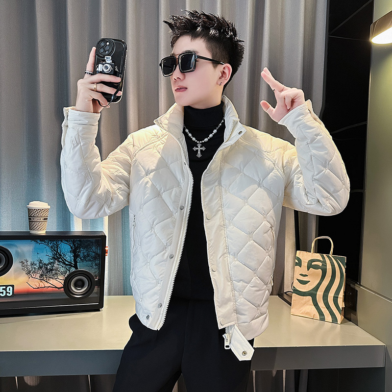 男士菱形格棉服立领袄子轻薄款男装2023新款冬季青年加厚棉衣外套