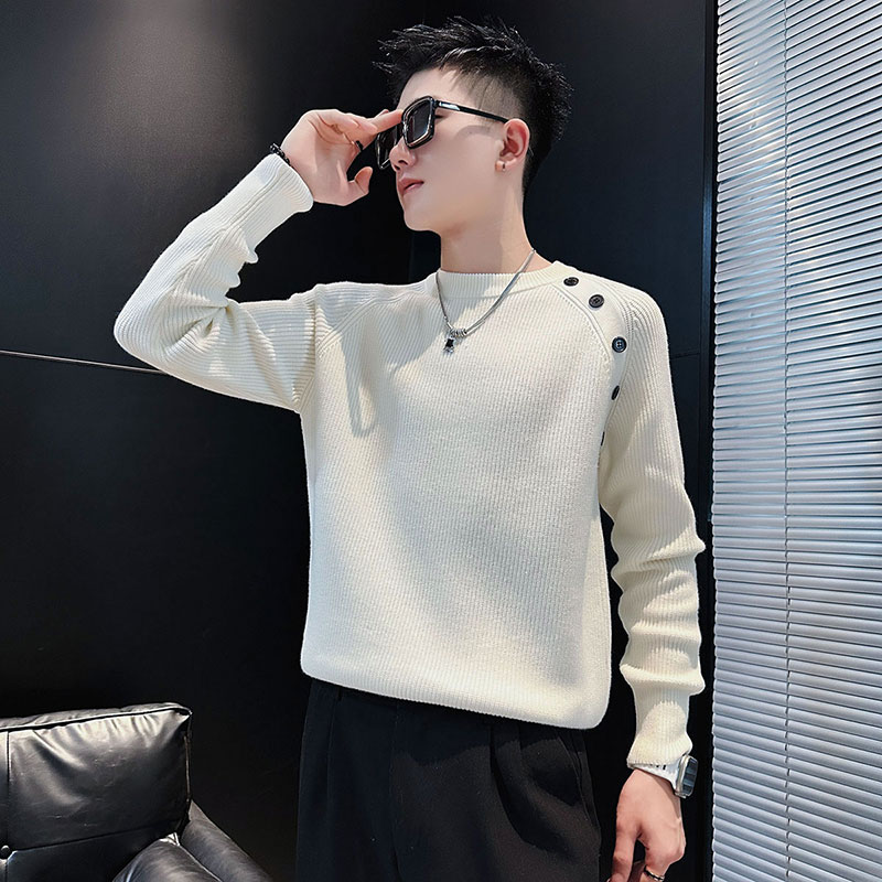 毛衣男秋冬季圆领针织衫痞帅内搭2023新款潮牌加厚冬装白色打底衫