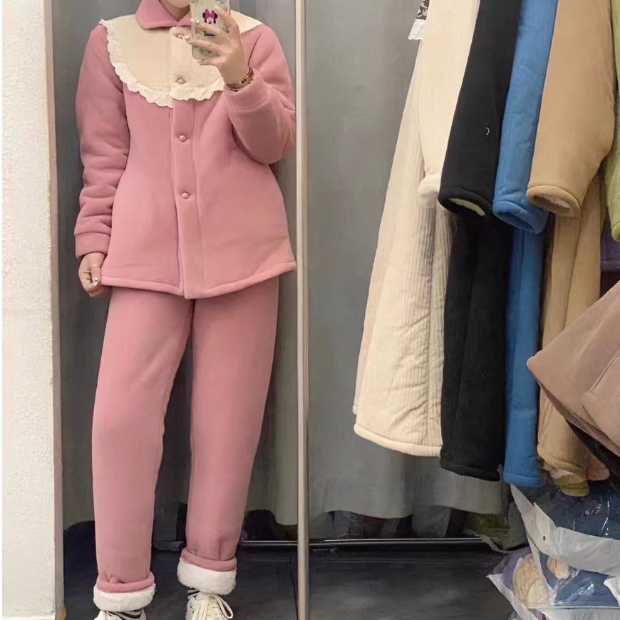 23冬季三层加厚家居服花边拼接彩色可外穿保暖套装时尚洋气翻领