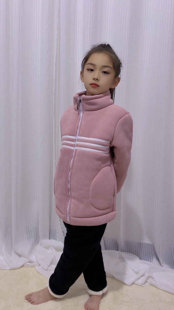 14女童加绒加厚螺纹胸前三条杠时尚洋气保暖家居服套装