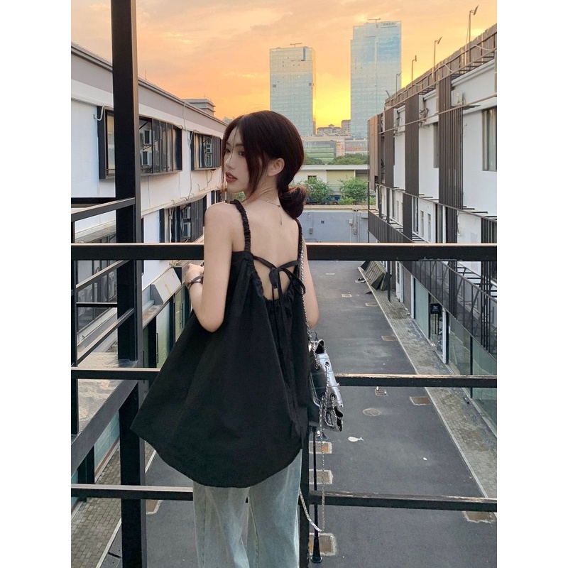 夏季法式纯欲性感露背褶皱吊带背心女设计感内搭外穿修身显瘦上衣