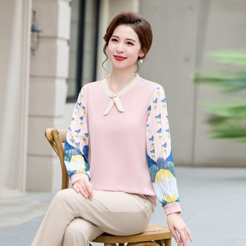 时尚妈妈秋装T恤中老年女装春秋长袖上衣中年人雪纺袖小衫显年轻
