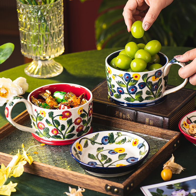 海棠水果碗家用手柄碗复古餐具饭碗汤碗沙拉碗泡面碗带盖个人