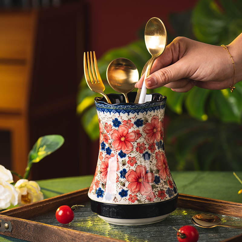 波兰筷子筒家用厨房沥水筷子勺子收纳筒复古陶瓷筷子架筷笼筷子篓