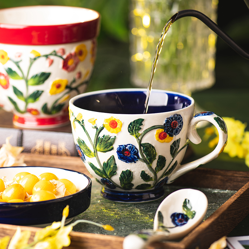 海棠杯马克杯带盖陶瓷杯家用水杯办公室复古咖啡杯早餐杯情侣杯