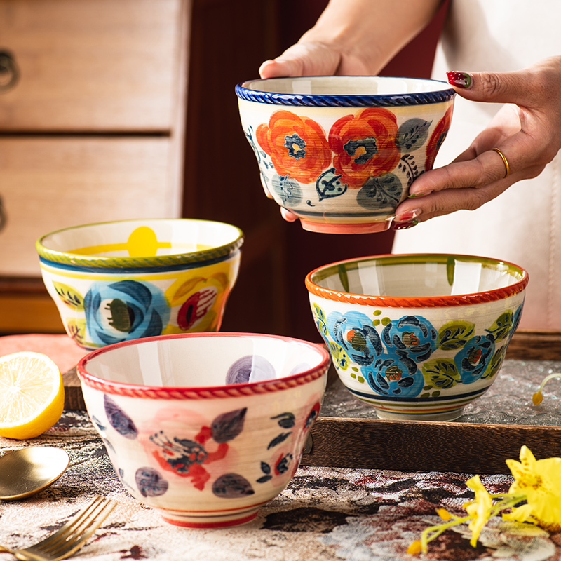 古彩碗家用米饭碗陶瓷家用餐具复古汤碗饭碗面碗沙拉碗个人专用