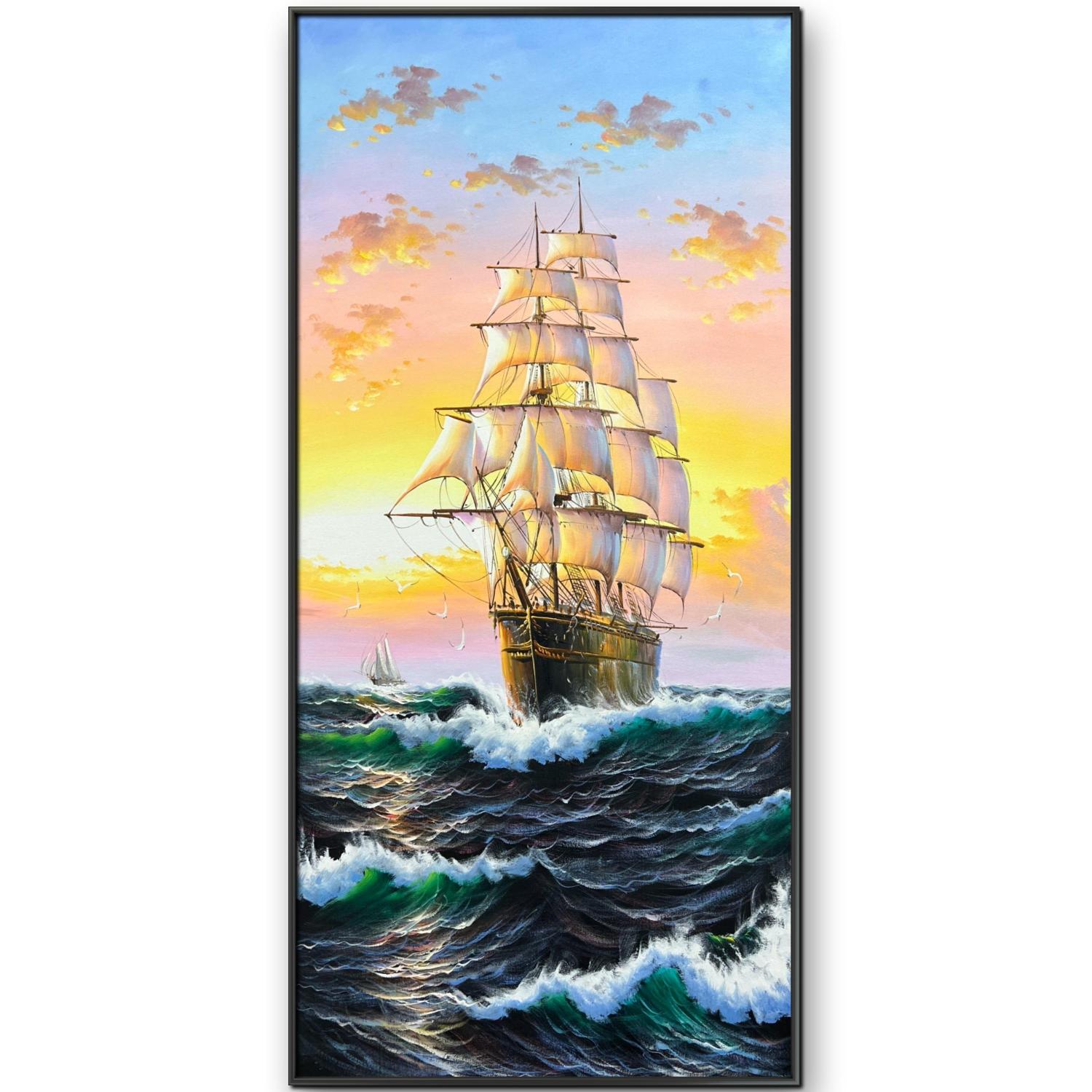 海浪日出一帆风顺80cm*160cm油画布手绘油画