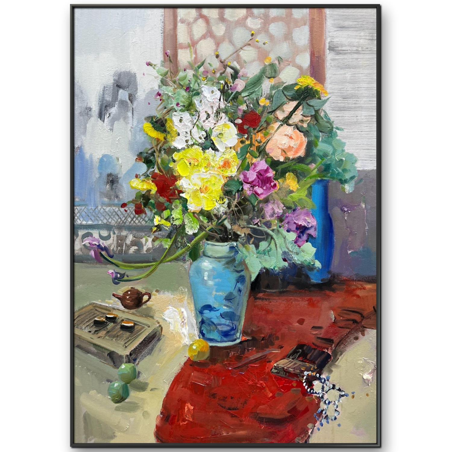 原创蓝色花瓶花60cm*80cm油画布手绘油画