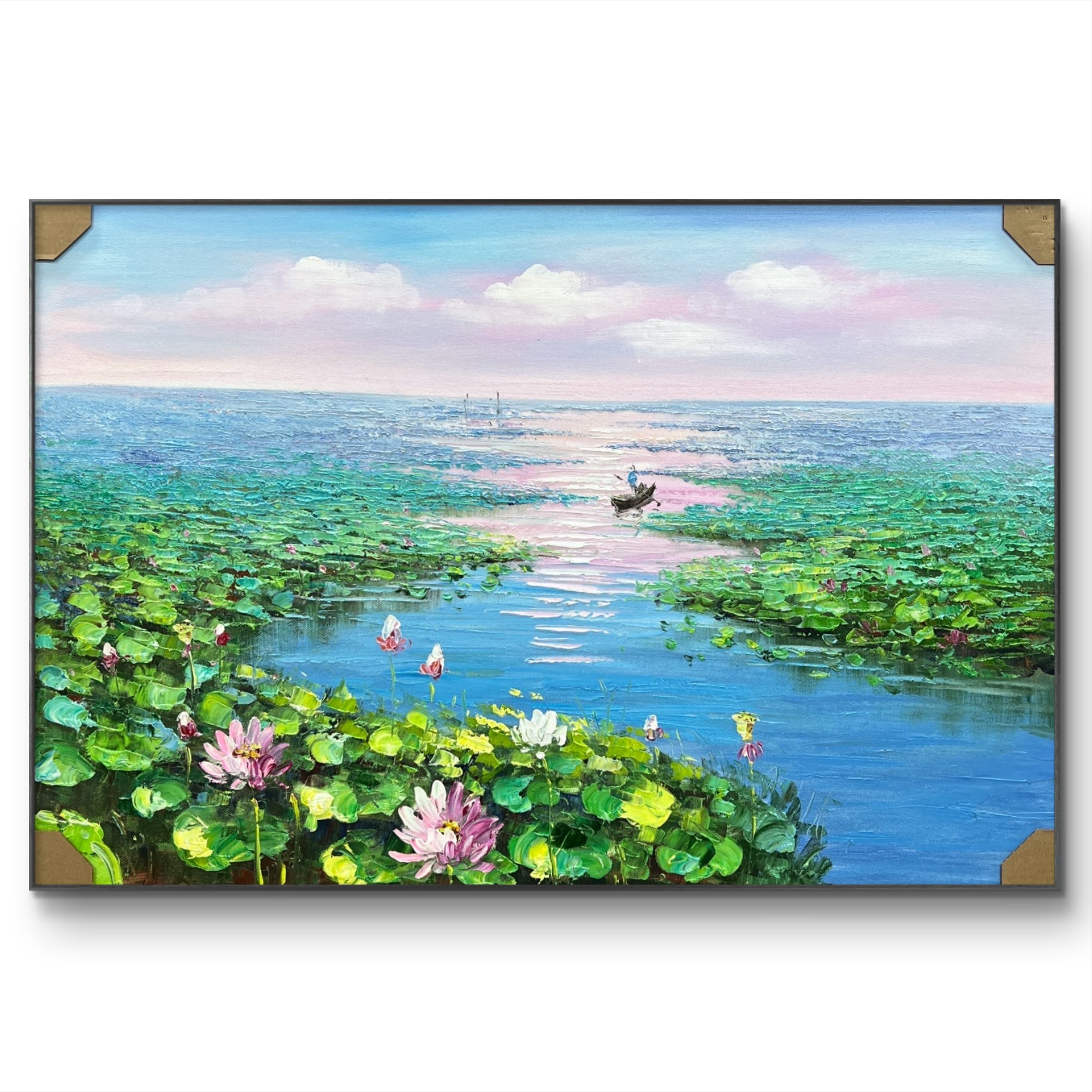 蓝色荷池60cm*90cm油画布手绘油画