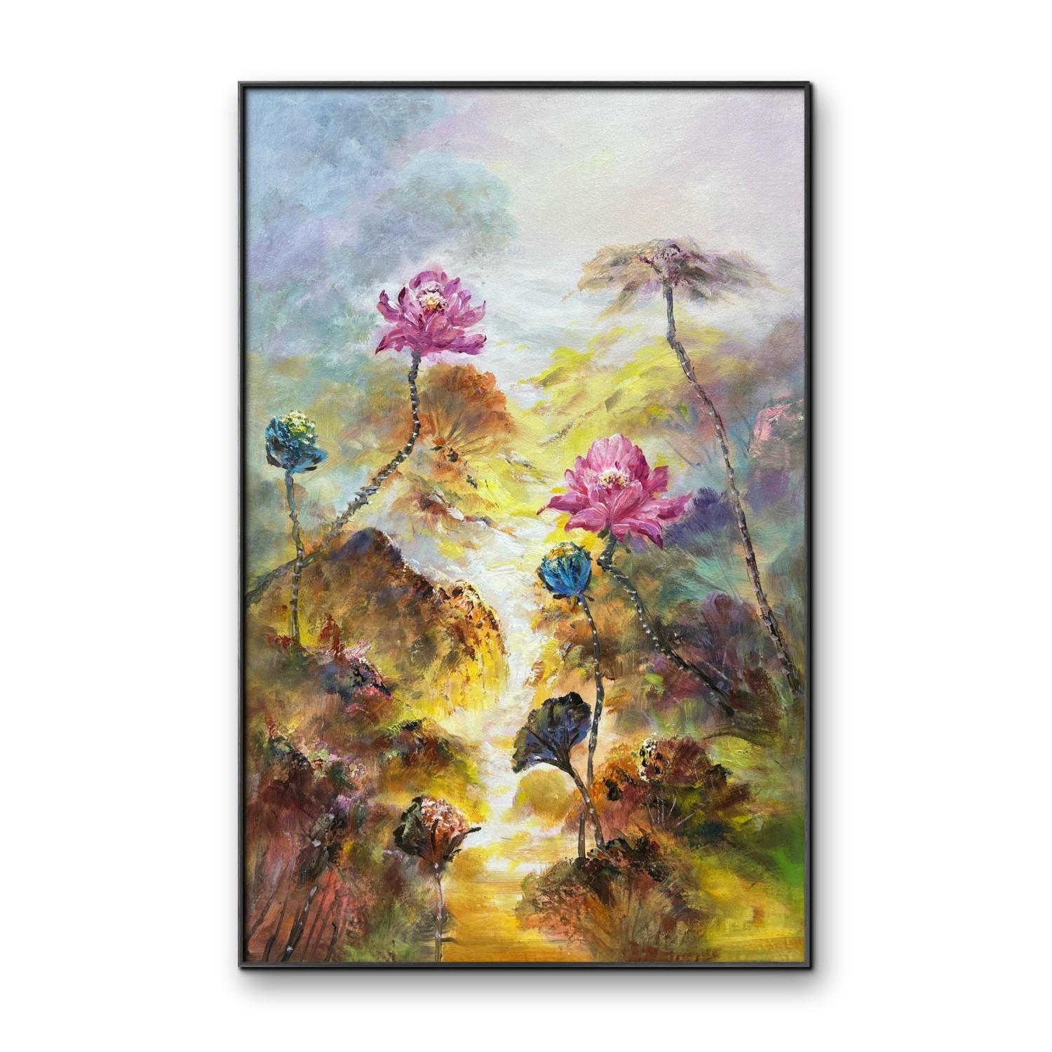 紫色禅意抽象荷花荷叶装饰画60cm*90cm客厅玄关手绘油画