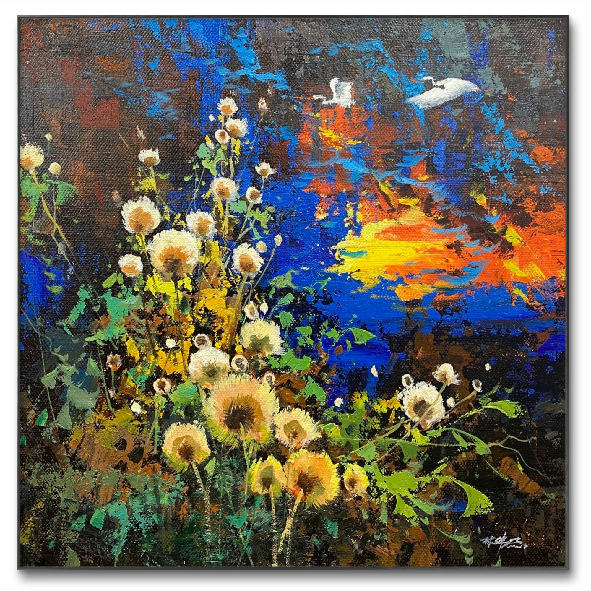 刮刀蓝荷花油画60cm*60cm油画布手绘油画