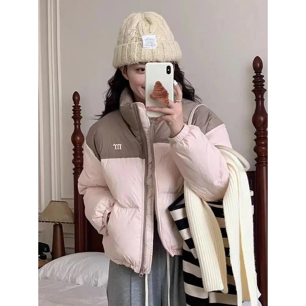 韩版拼色羽服女2023新款加厚面包服小个子短款冬季外套时尚棉服