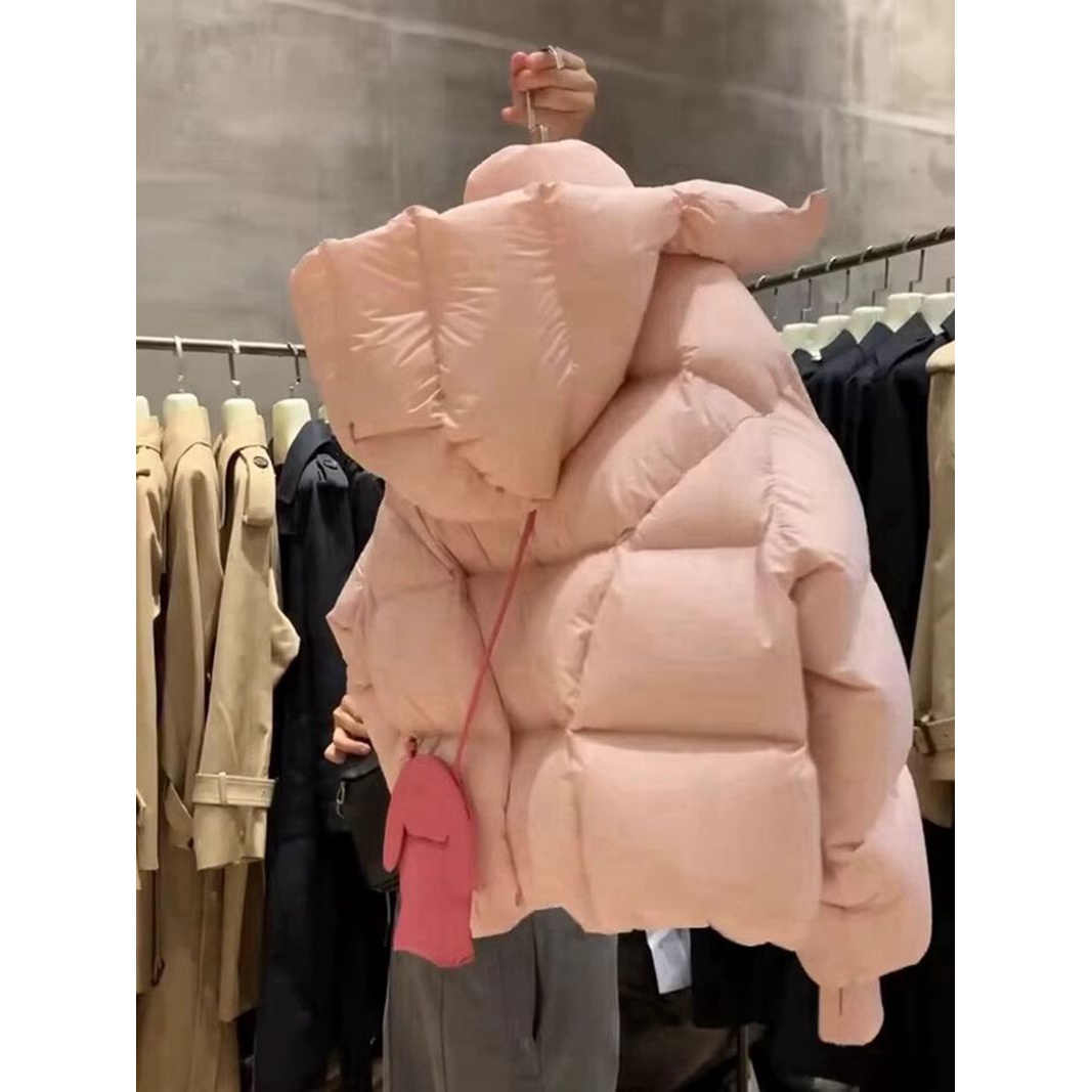 新款2023羽绒服新款爆款高级感超好看粉色连帽羽绒服韩系慵懒棉服