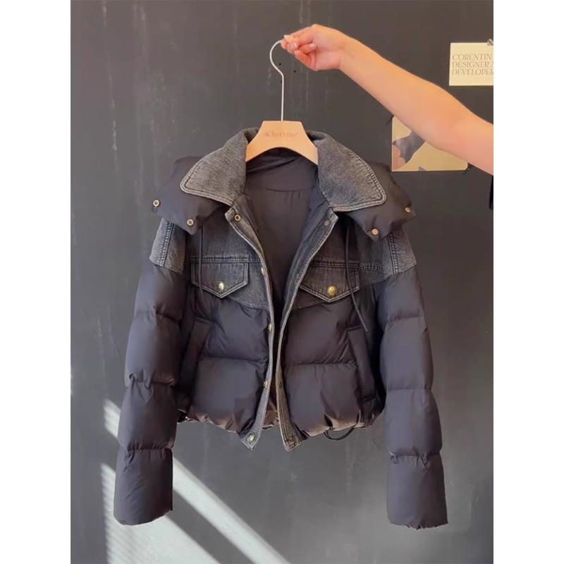 【羽绒服】今年流行爆款冬装感牛仔拼接短款连帽面包服外套女棉服