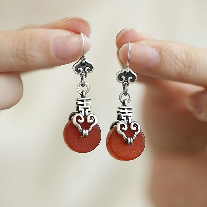 E23008<晶贵坊2>S925银平安扣手工喜字祥云红玛瑙耳钩古韵1银耳环