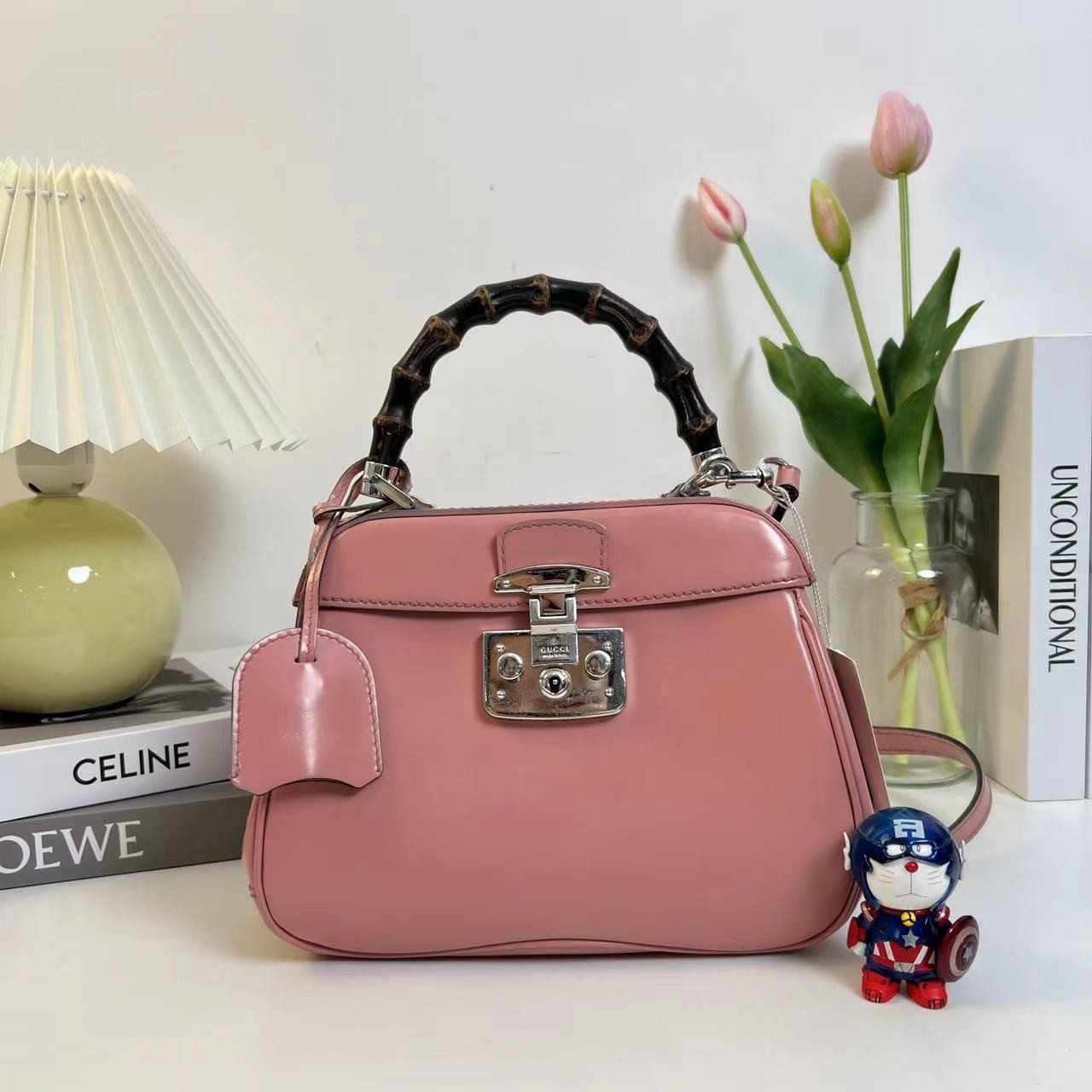 95新 GUCCI/古驰 多多奢品/古驰粉色竹节斜跨包/97新