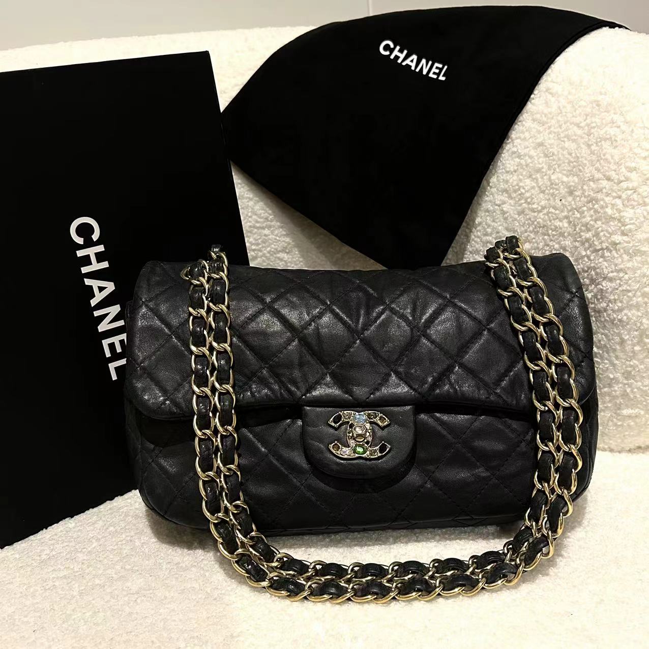 95新 Chanel/香奈儿 多多奢品/香奈儿14开黑色宝石扣cf斜跨包98新