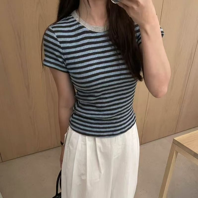 38-24307  条纹撞色新款复古显瘦休闲内搭t恤   TX/1111