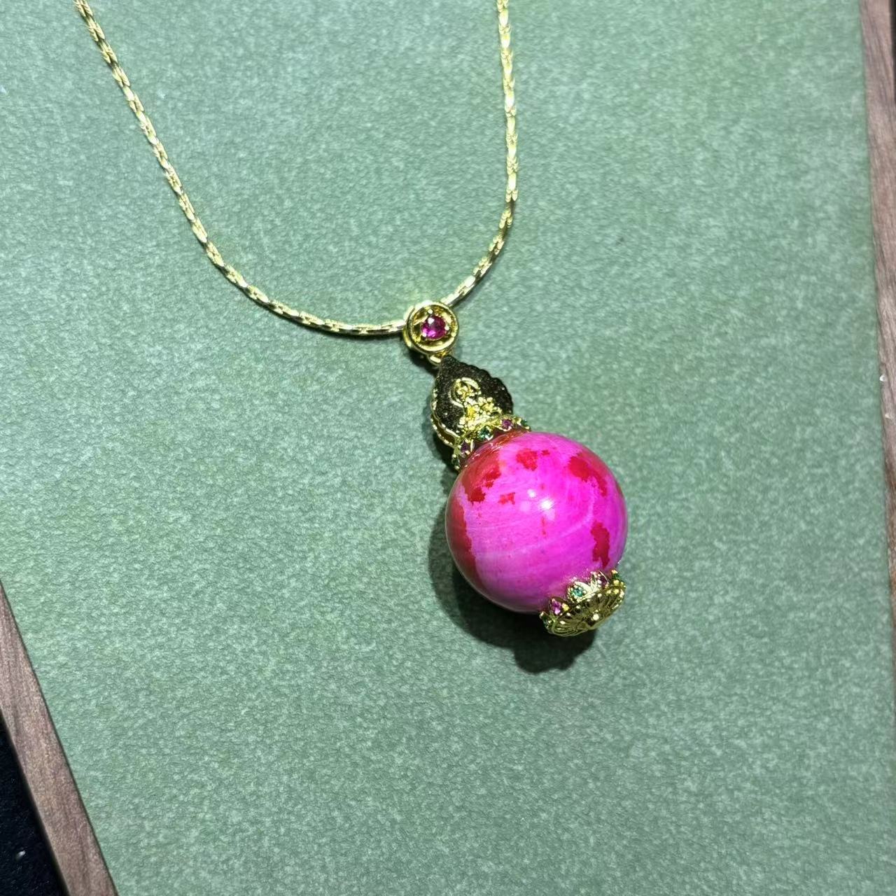 y2063-国风设计款舒樱花粉玛瑙圆珠吊坠-赠链-赠礼盒