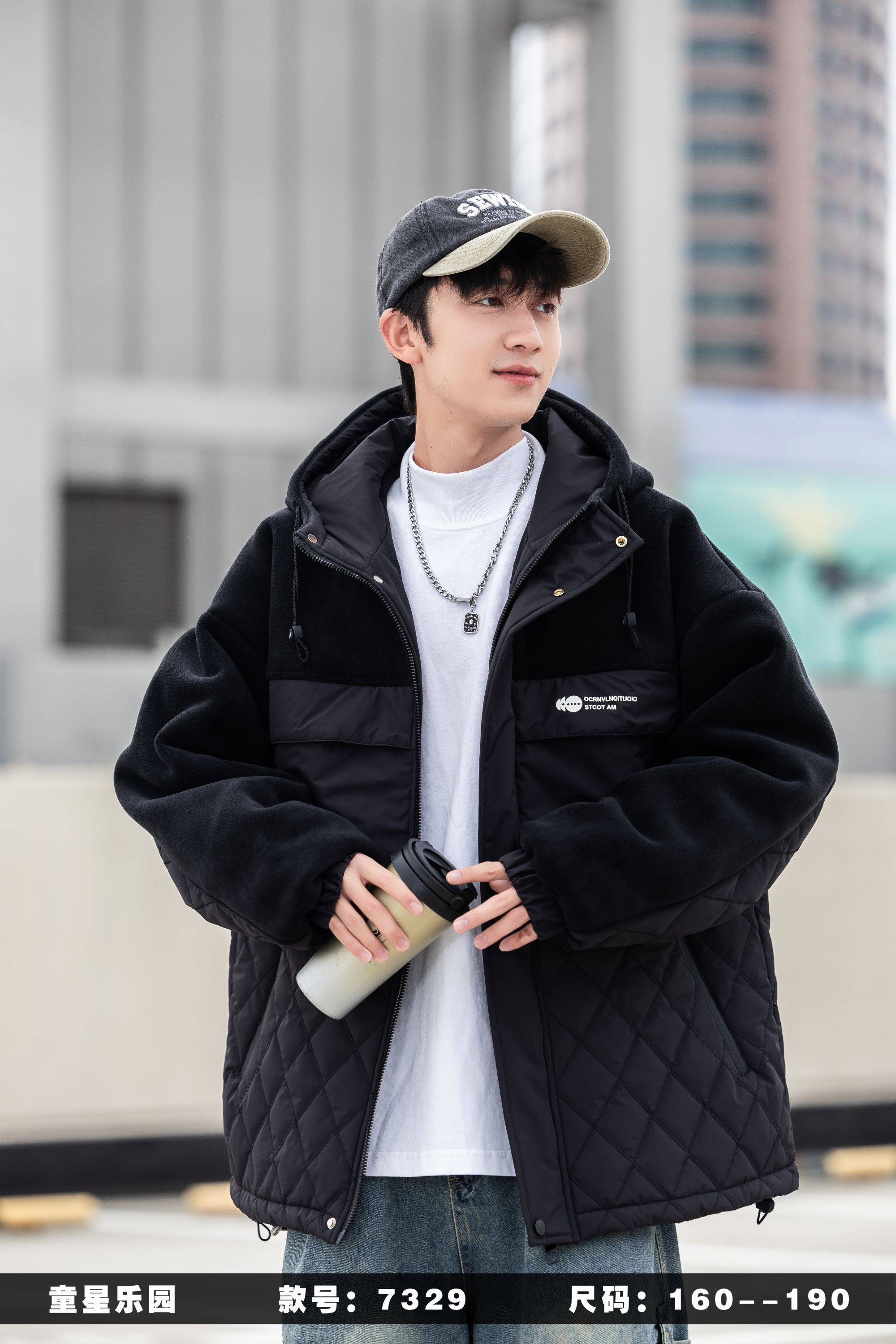 青少年连帽时尚宽松潮流拼接棉风衣