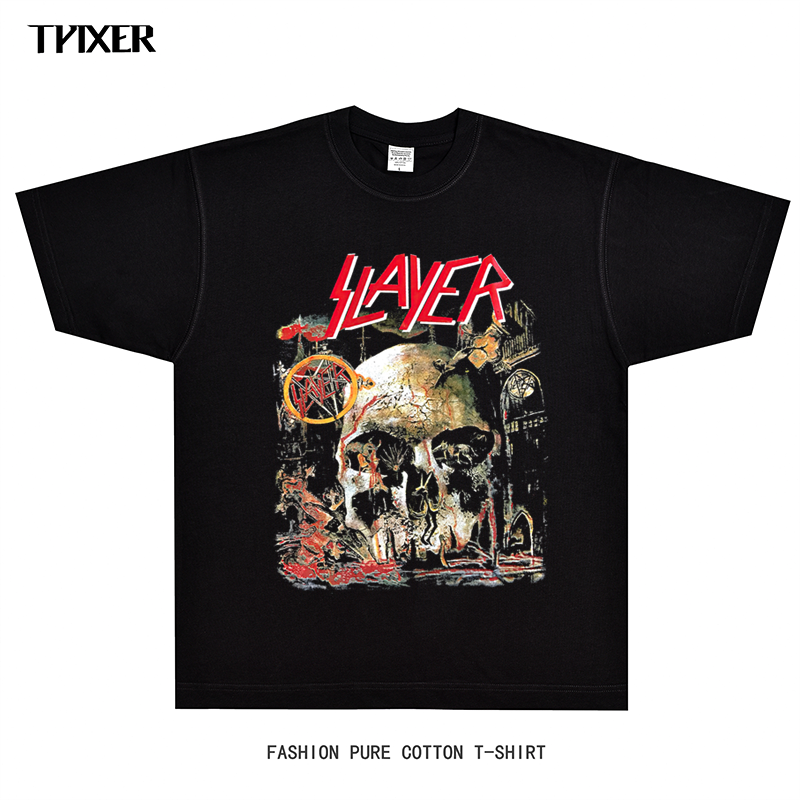 Slayer杀手乐队t恤摇滚激流金属美式短袖骷髅宽松复古做旧男长袖