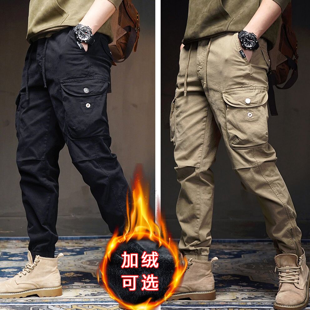 法式秋冬季加绒工装裤男秋款束脚美式户外多口袋宽松百搭休闲裤子