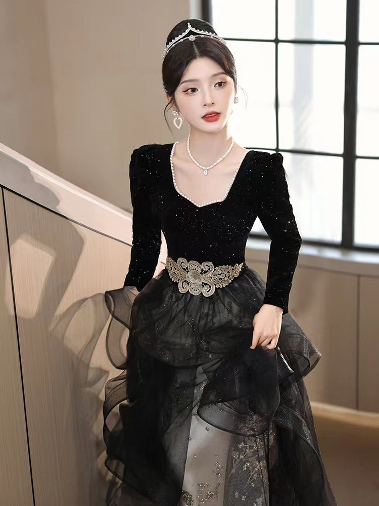 宴会晚礼服裙高端轻奢2023新款黑色法式声乐艺考裙秋冬年会演出服