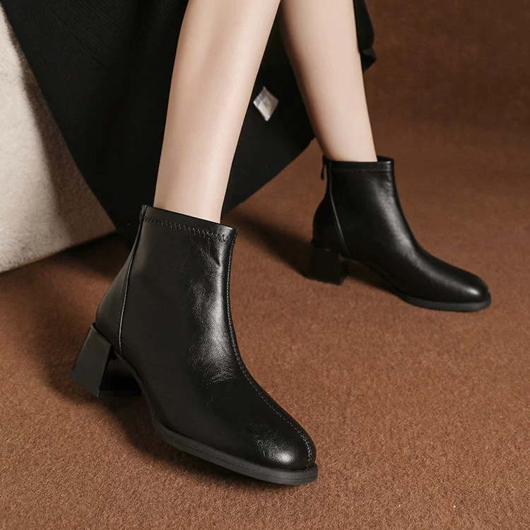 冬季1009加绒粗跟短靴女23D