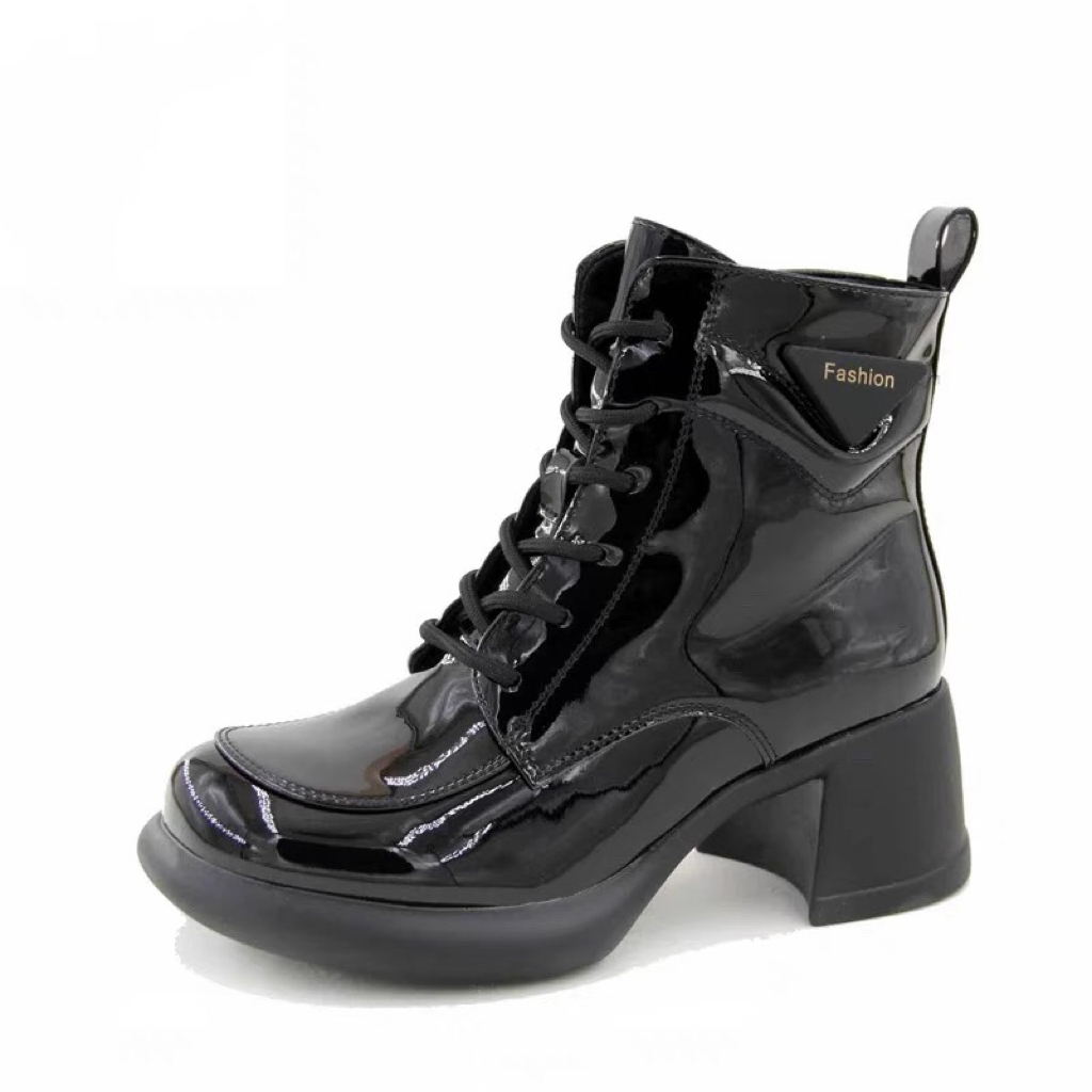 冬季3860加绒粗跟亮皮侧拉链时尚女鞋马丁靴23D