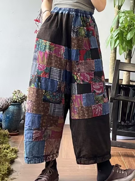  冬季手工百家布拼接老布拼接老爹裤
