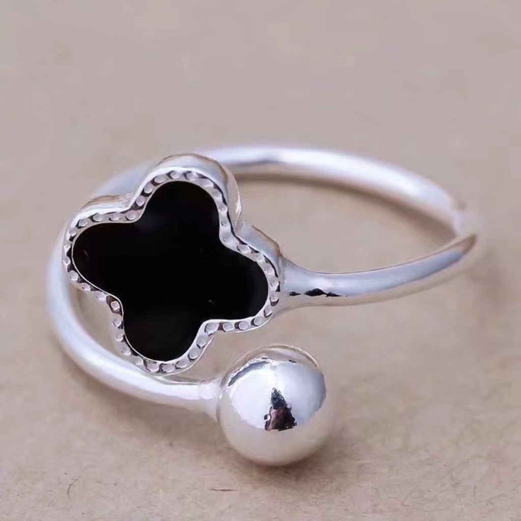 足银戒指 足银时尚滴胶四叶草开口精美时尚甜美气质戒指