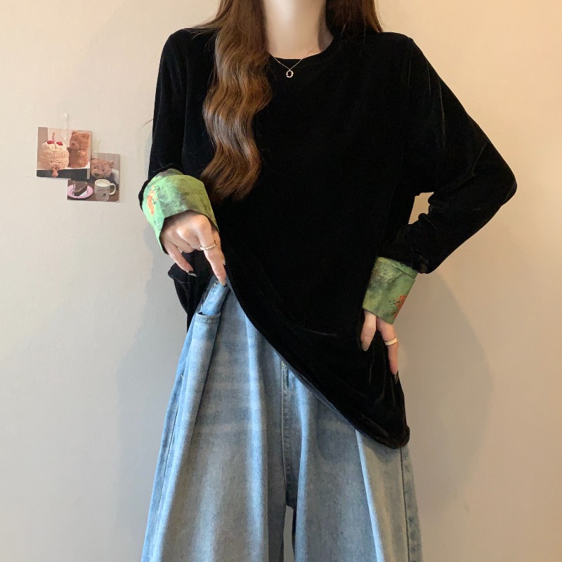 大码春季新款新中式撞色上衣胖mm女装显瘦气质设计感拼接长袖T恤
