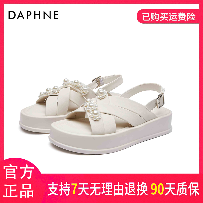 达芙妮网红女士时尚休闲百搭秋季外穿厚底露趾仙女风一字带凉鞋