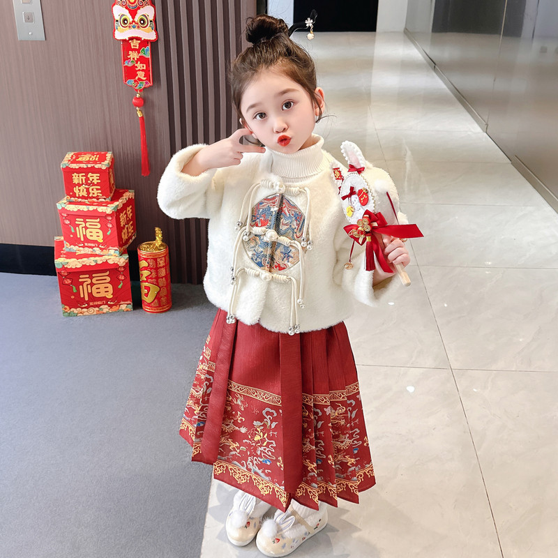彩宝宝女童马面裙套装2023冬季长袖中小童汉服国风唐装拜年服女宝